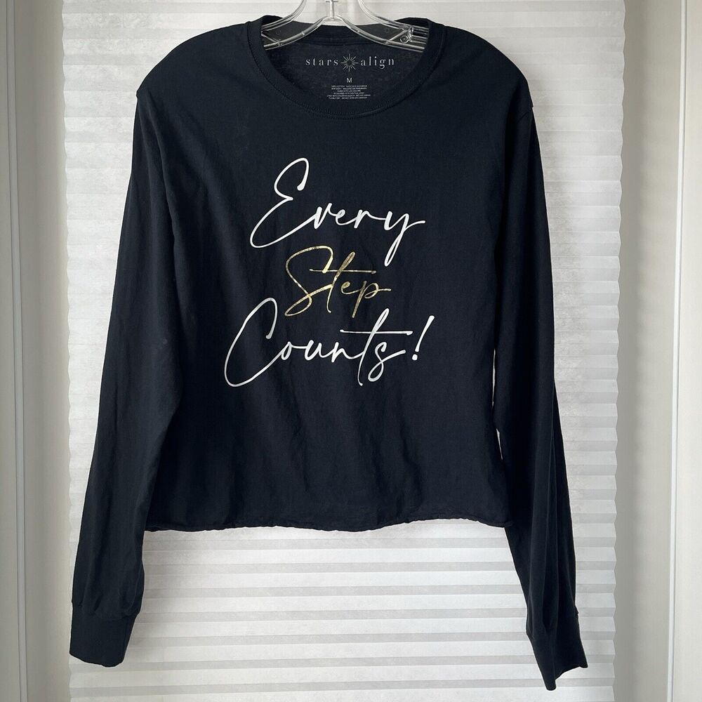 Stars Align Long Sleeve Black Top pullover size M, Steel out "Every Step Counts"